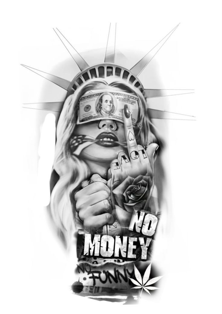 a black and white drawing of the statue of liberty with money on it's face