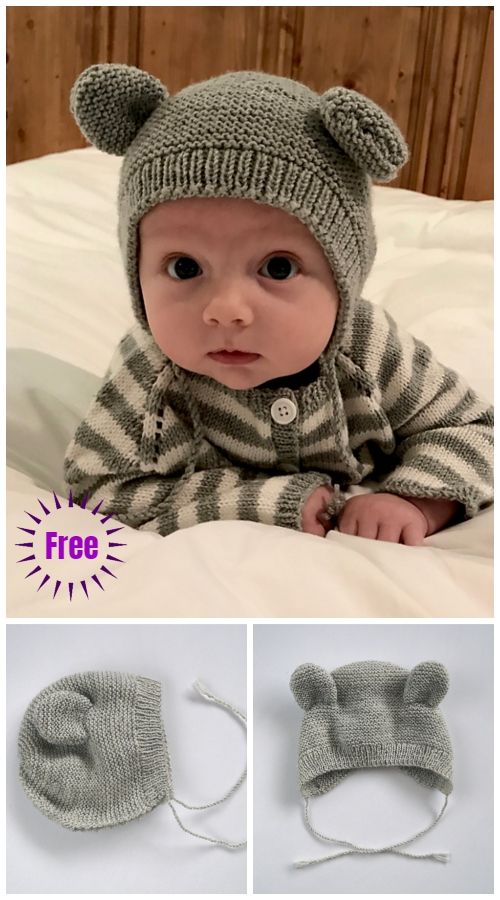 the baby is wearing a knitted bear hat and mittens with ears on it