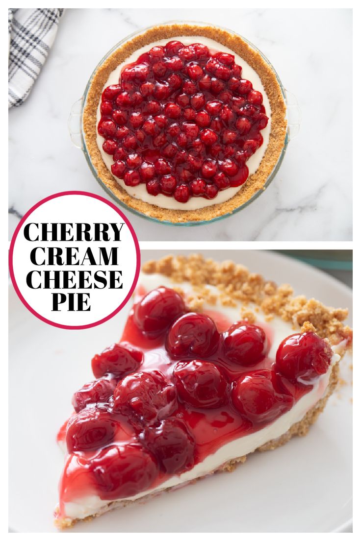 cherry cream cheese pie on a white plate with cherries in the middle and text overlay