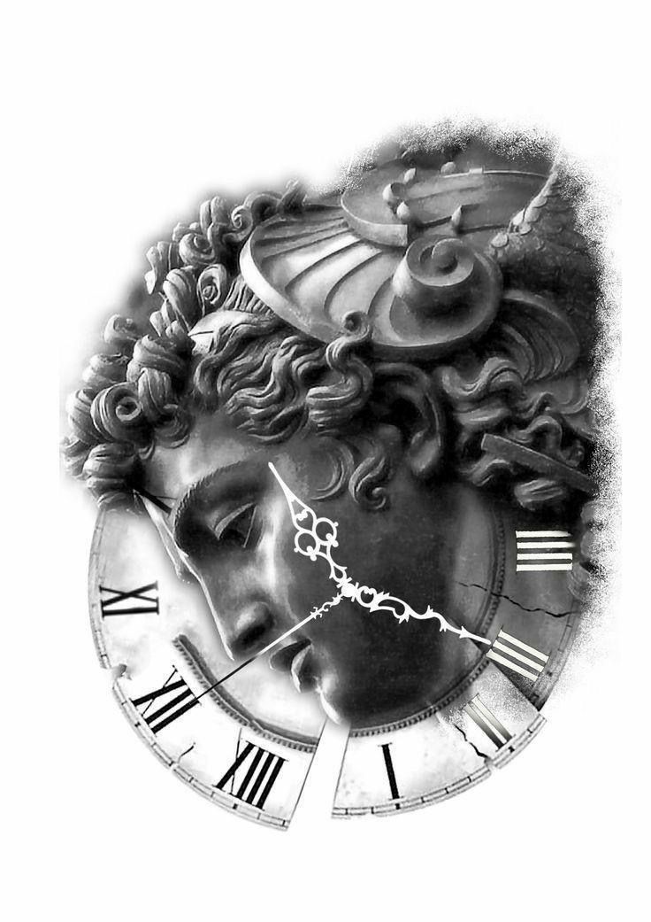 a black and white photo of a clock with an image of a woman's face