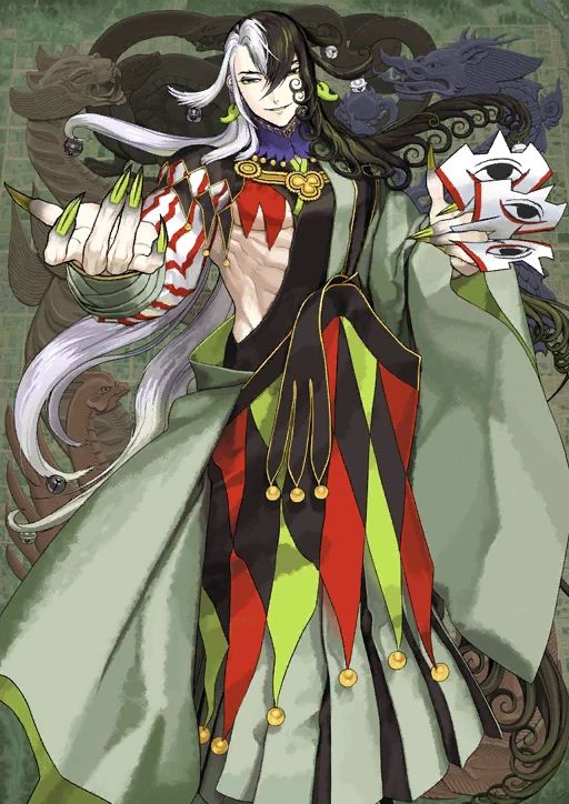 a woman with long white hair wearing a colorful dress and holding two masks in her hands