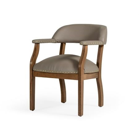 a wooden chair with leather upholstered seat and armrests on an isolated white background