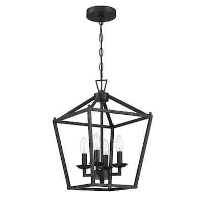 a black chandelier with four candles hanging from the bottom and one light on top