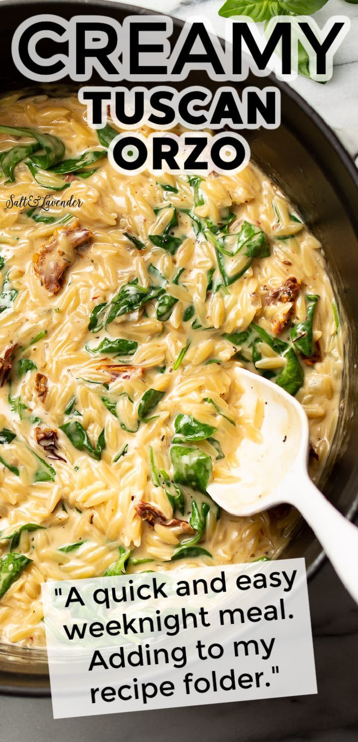 creamy tuscani orzo recipe in a skillet