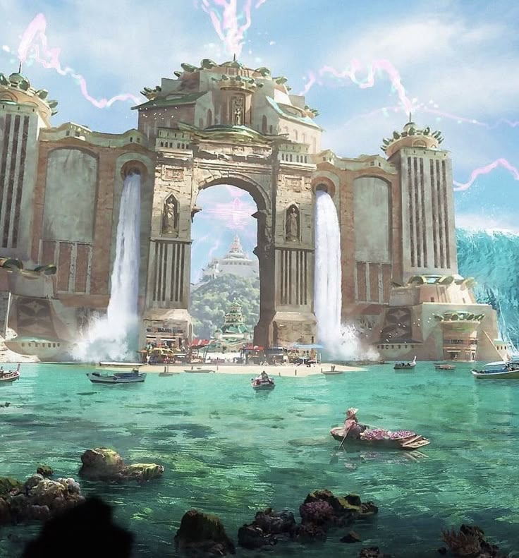 an image of a futuristic city in the middle of water with jets coming out of it