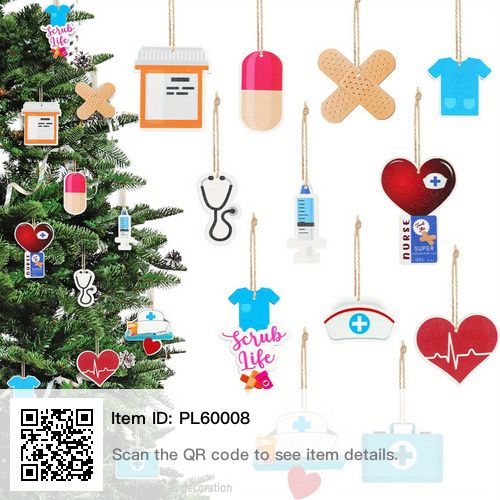 a christmas tree decorated with various medical items and tags hanging from it's branches