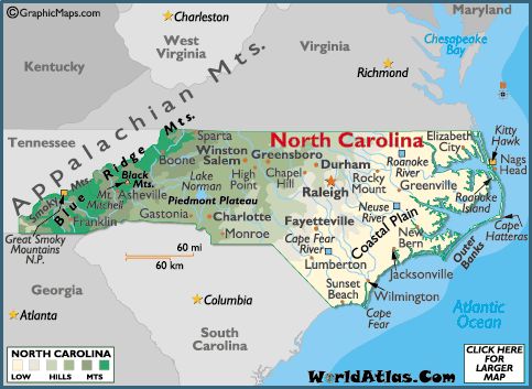 a map of north carolina with the capital and major cities