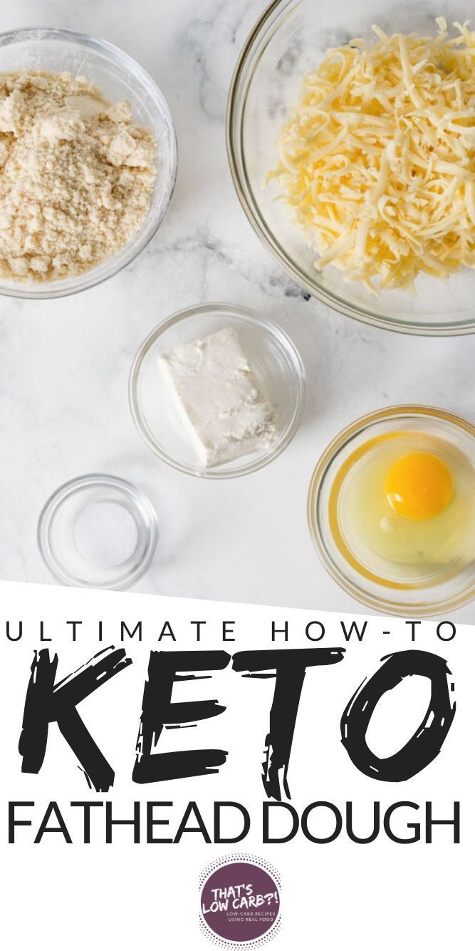 the ultimate keto fathead dough recipe is shown in three separate bowls with eggs and cheese on top