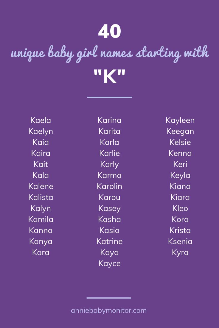 the 40 unique baby girl names starting with'k'in front of a purple background