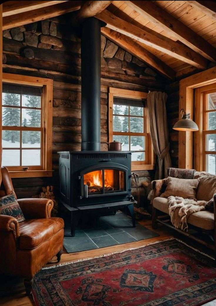 Cozy Living Room With Wood Stove, Alaska House Interior, Cabin Renovation Ideas, Vintage Cabin Aesthetic, Old Cabin Interior, Small Cabin Living Room, Cozy Cabin Living Room, Barndominium Decor, Cabin Living Room Ideas