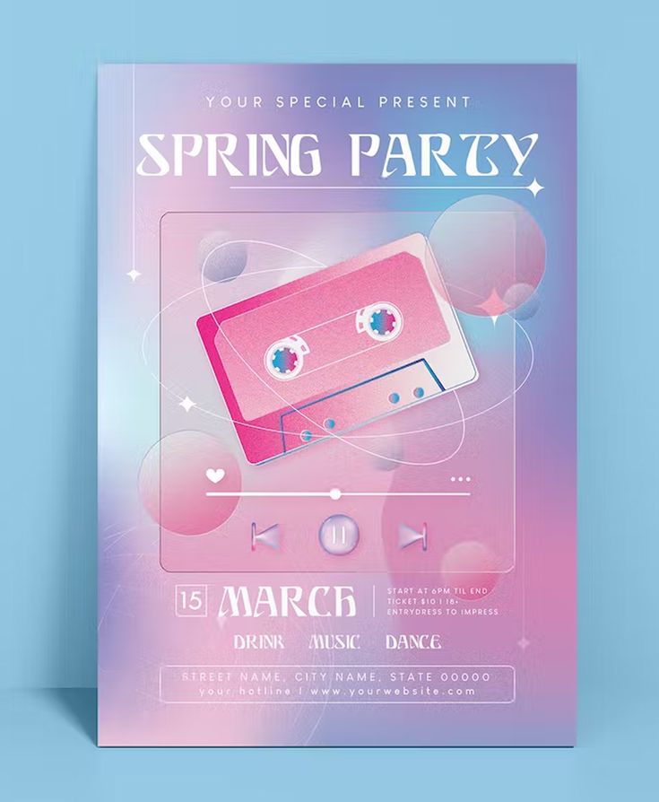 a flyer for a party with an image of a cassette player on the front and side