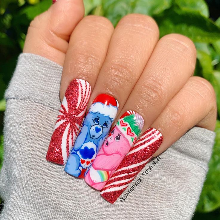 Character Christmas Nails, Nail Designs 2023 Winter, Valentines Nail Set, Care Bear Nails, Sage Nails, Nails February, Nail Art Designs Valentines, Nail Art Designs Valentines Day, Nail Designs For Beginners