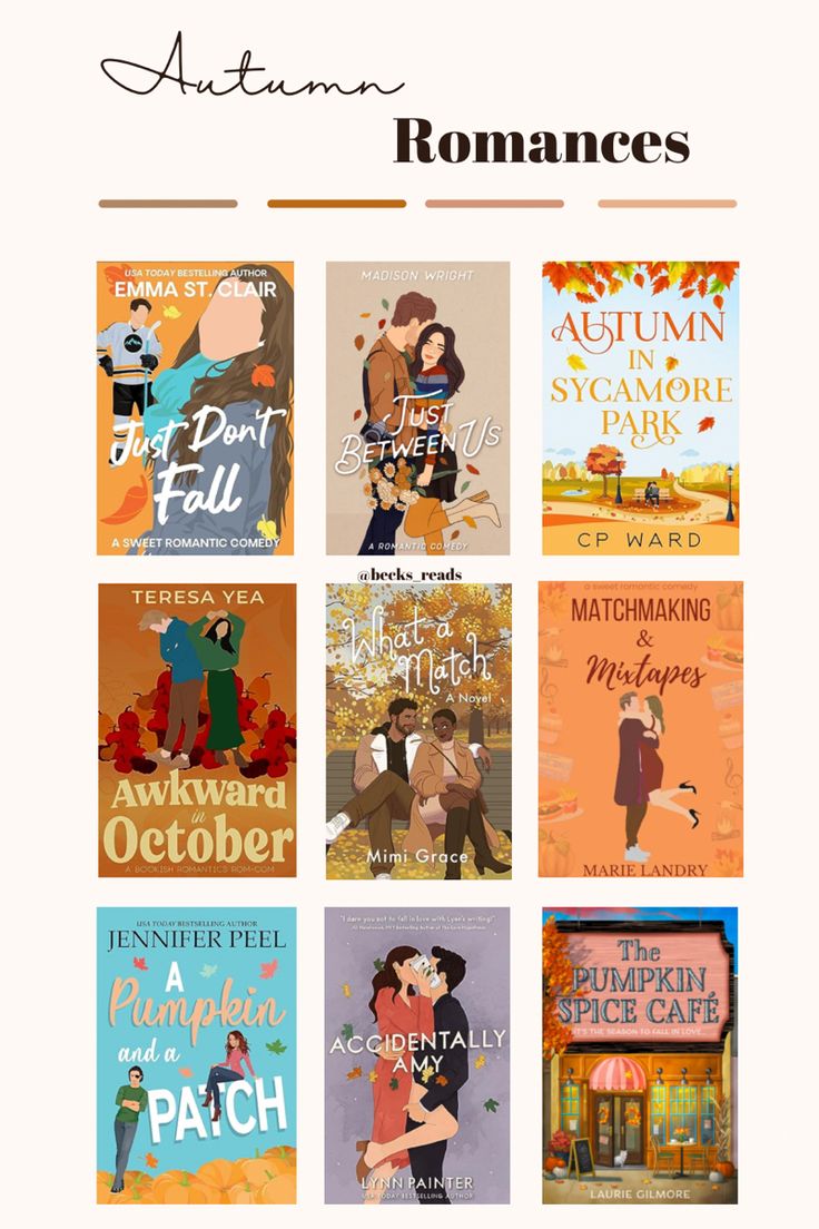 the cover of autumn romances is shown with an orange background and four different covers