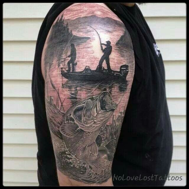 a man with a fishing scene tattoo on his arm