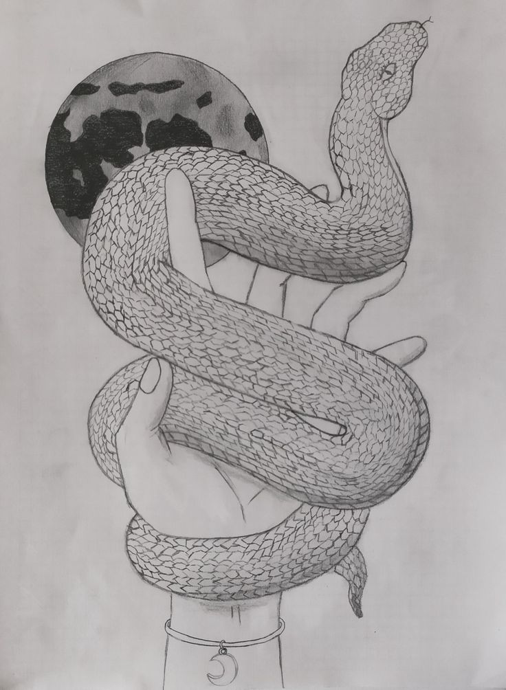 a drawing of a hand holding a snake in front of a full moon, with one arm wrapped around the other