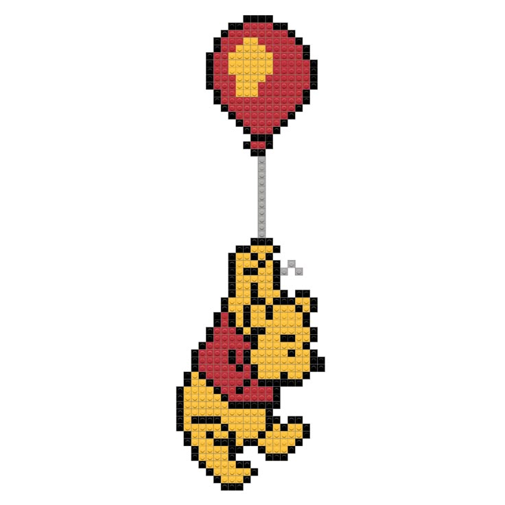 an image of winnie the pooh hanging from a string with a balloon attached to it