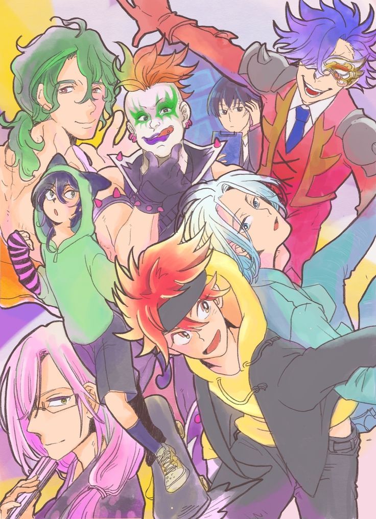 an image of some anime characters with different colors and hair color choices, all looking like they're from the same era