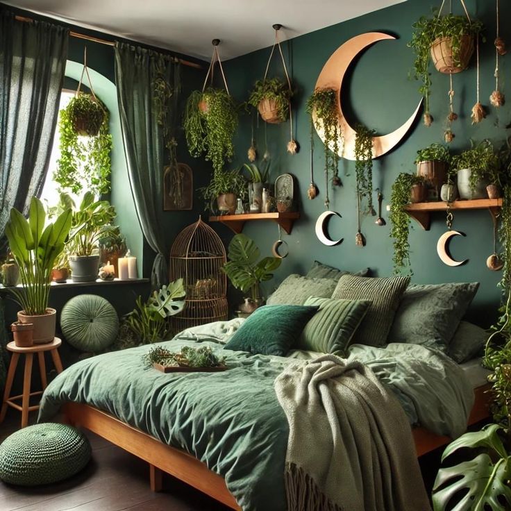 a bedroom with green walls and plants hanging on the wall