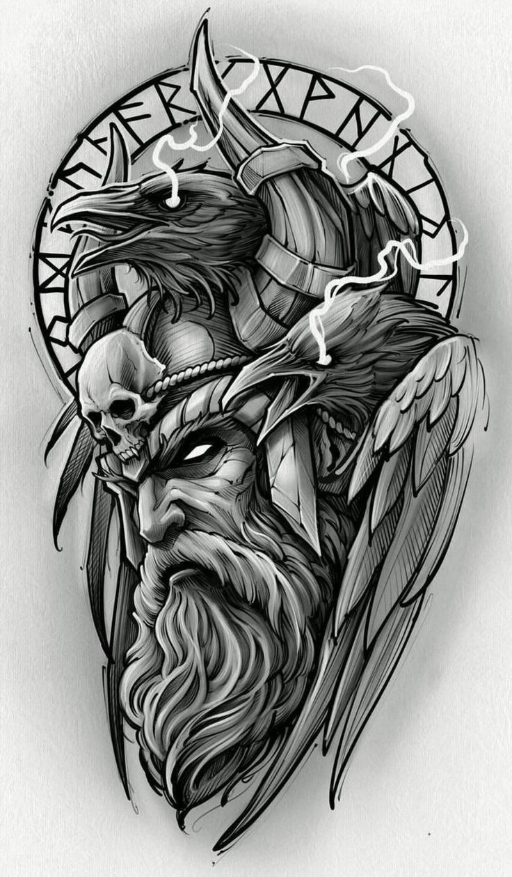 a black and white drawing of a demon with wings on it's head, in the shape of a circle