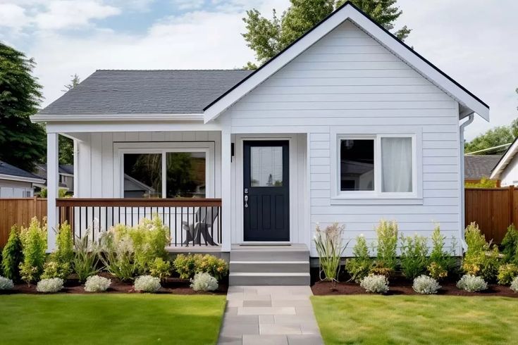 a small white house with a black door and porch in the front yard is surrounded by greenery