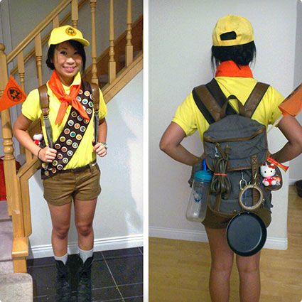 two pictures of the same person in different costumes, one is wearing a yellow shirt and brown shorts