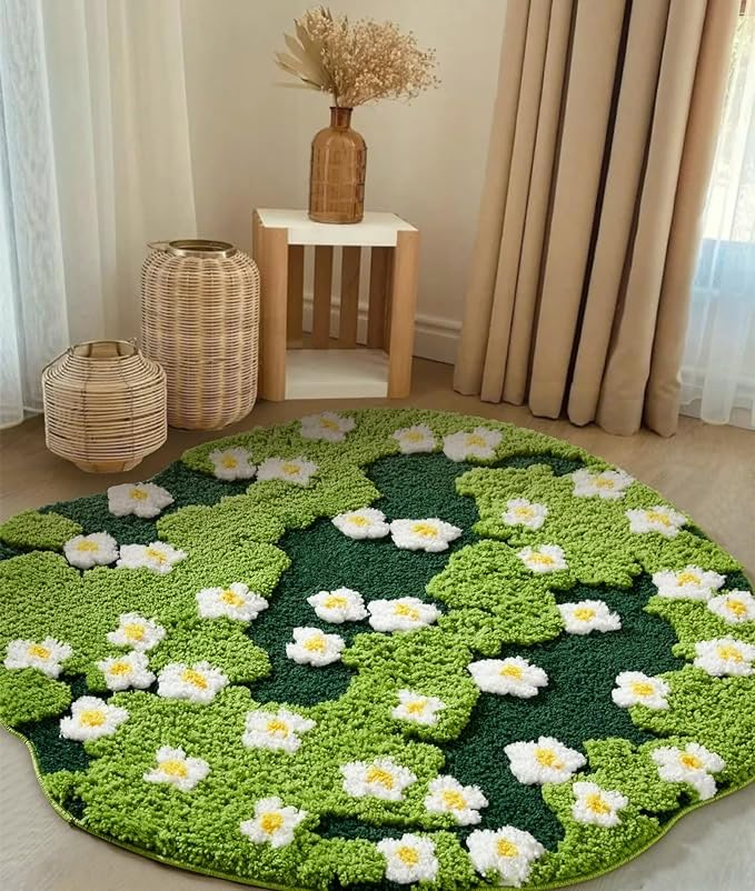 Amazon.com: Ouyattle Cute Green Bath Mat Floral Moss Spring Daisy Flower Bathroom Rugs Non Slip Machine Washable Super Absorbent, Irregular Shaped 2ft Luxury Grass Microfiber Bath Rug Bathroom Shower Floor Mat : Home & Kitchen Large Floor Rug, Flower Area Rug, Cute Green Rug, Cool Area Rugs Bedroom, Moss Rug Diy, Backing Aesthetic, Aesthetic Carpets, Bedroom References, Moss Room