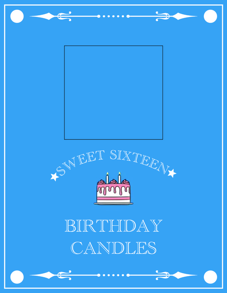 a blue birthday card with the words sweet sixteen on it and a cake in the middle