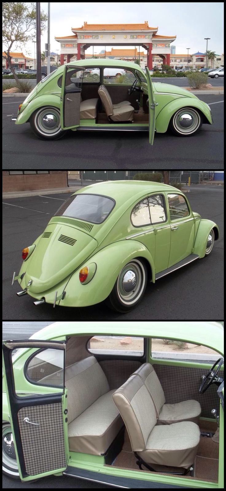 an old green car parked in front of a building with its doors open and seats down