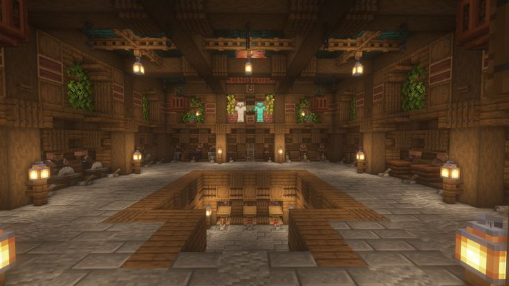 a large room with lots of tables and lights on the ceiling is shown in minecraft