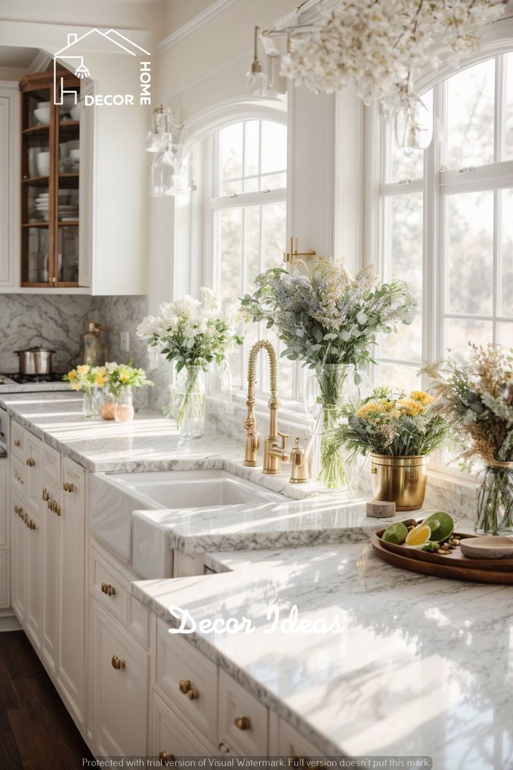 a white kitchen with marble counter tops and gold faucets on the windowsill