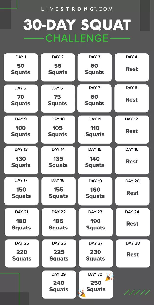 the 30 - day squat challenge is shown in green and white, with numbers on each side