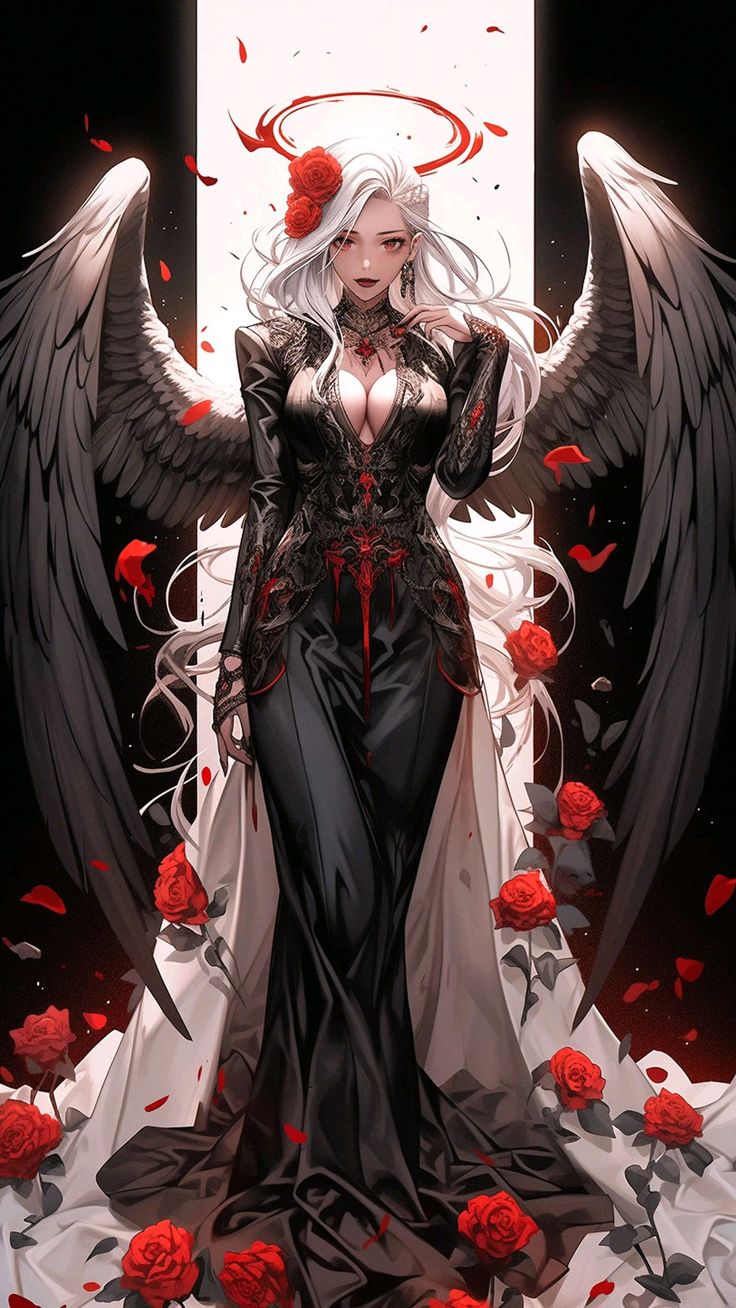 a woman with long white hair and black wings standing in front of red rose petals