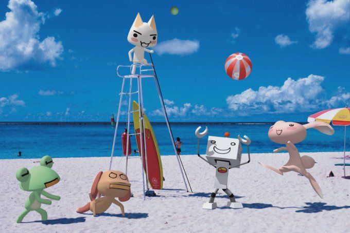 several cartoon figures are standing on the beach