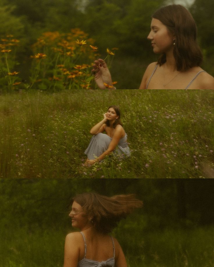 two pictures of a woman sitting in the grass