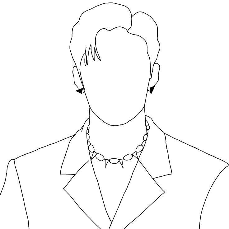 a black and white line drawing of a man wearing a suit with a necklace on his neck