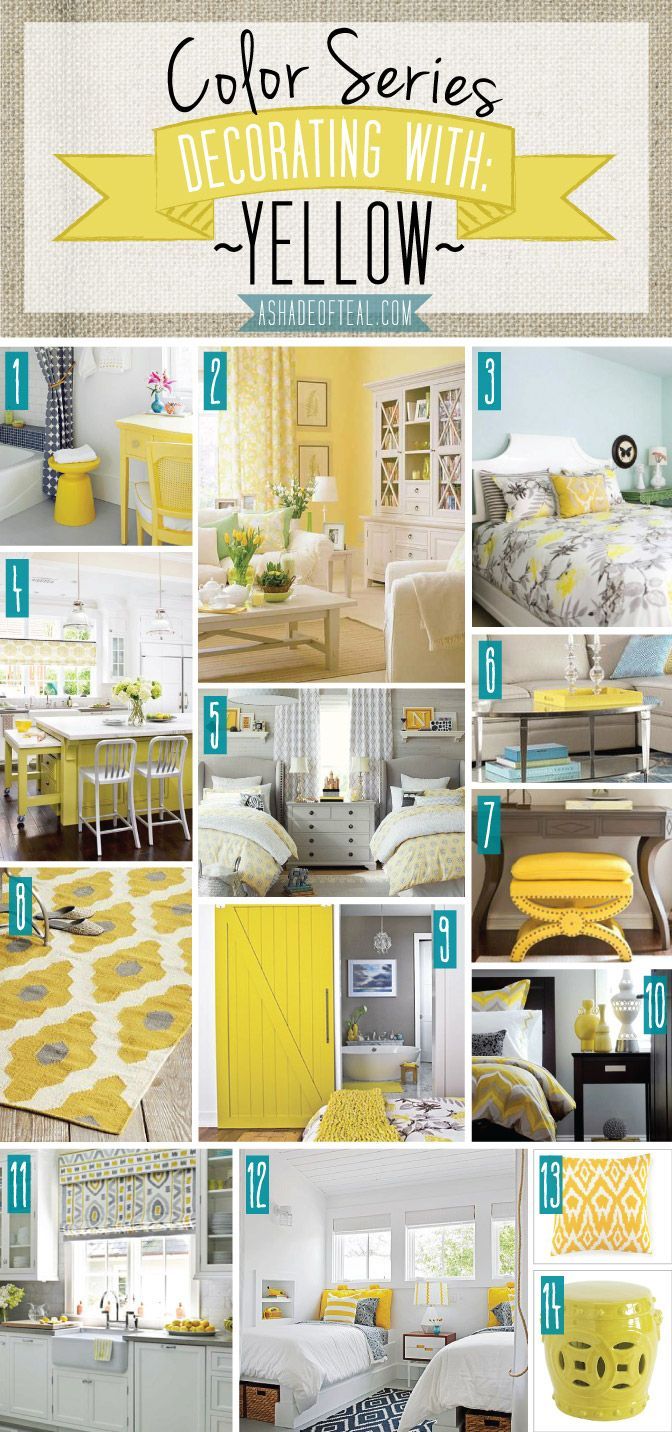 a collage of yellow and white bedroom decor with text that reads color series decor with yellow