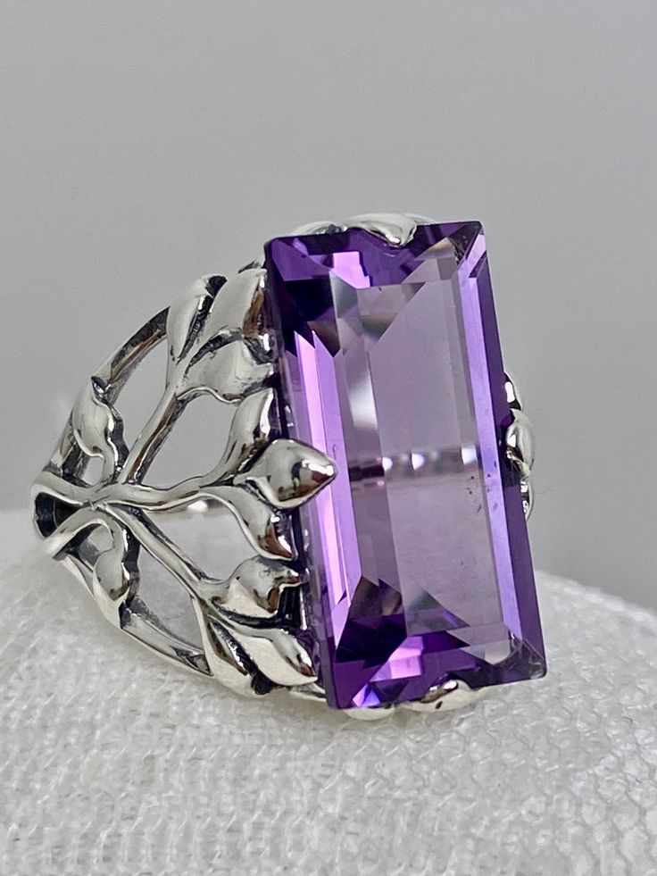 Natural Amethyst Ring | 925 Sterling Silver | 6ct Purple Amethyst Baguette Cut Gemstone Leaf Vintage Filigree [Made To Order] Design#110 Elegant Purple Amethyst Ring With Stone Setting, Elegant Rectangular Amethyst Ring, Elegant Purple Gemstones With Stone Setting, Elegant Amethyst Baguette Cut Ring, Exquisite Silver Amethyst Ring, Luxury Rectangular Amethyst Ring, Elegant Faceted Silver Amethyst Ring, Fantasy Amethyst Silver Jewelry, Gift Amethyst Filigree Ring