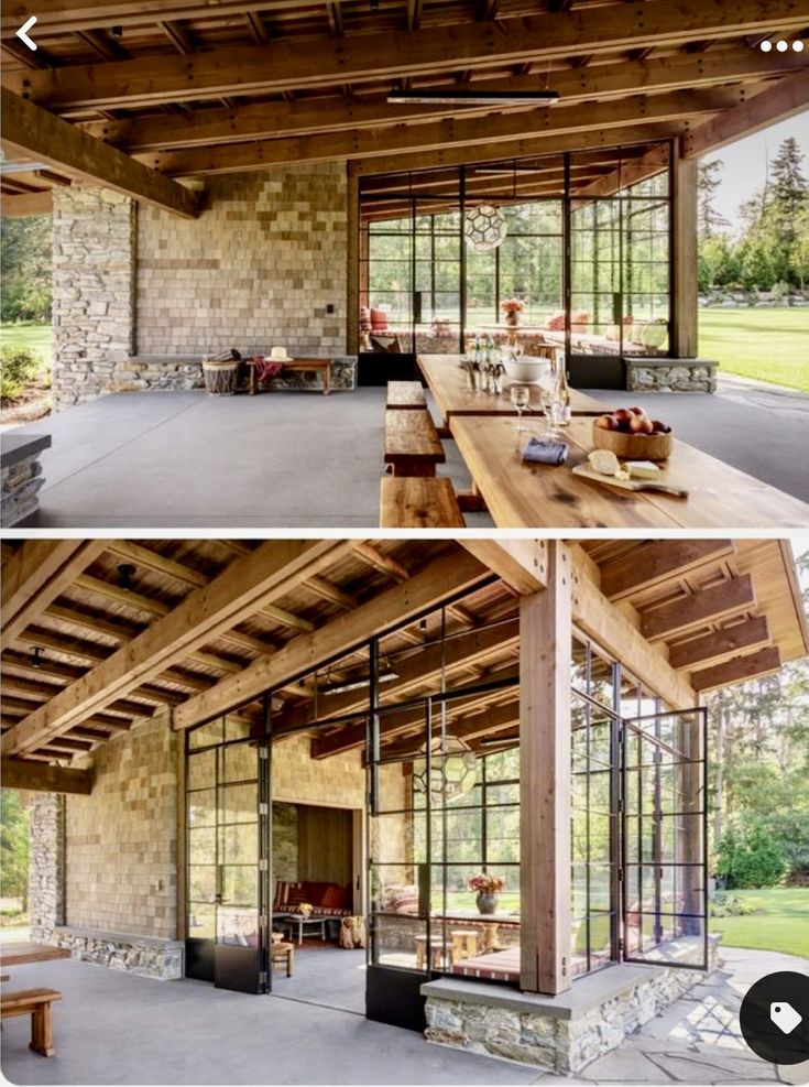 the inside and outside of a house with wood beams on it's walls, windows, and doors