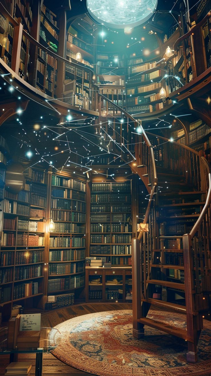 a spiral staircase in the middle of a library filled with lots of books and lights