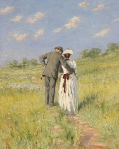 a painting of two people walking in a field with one holding the other's hand