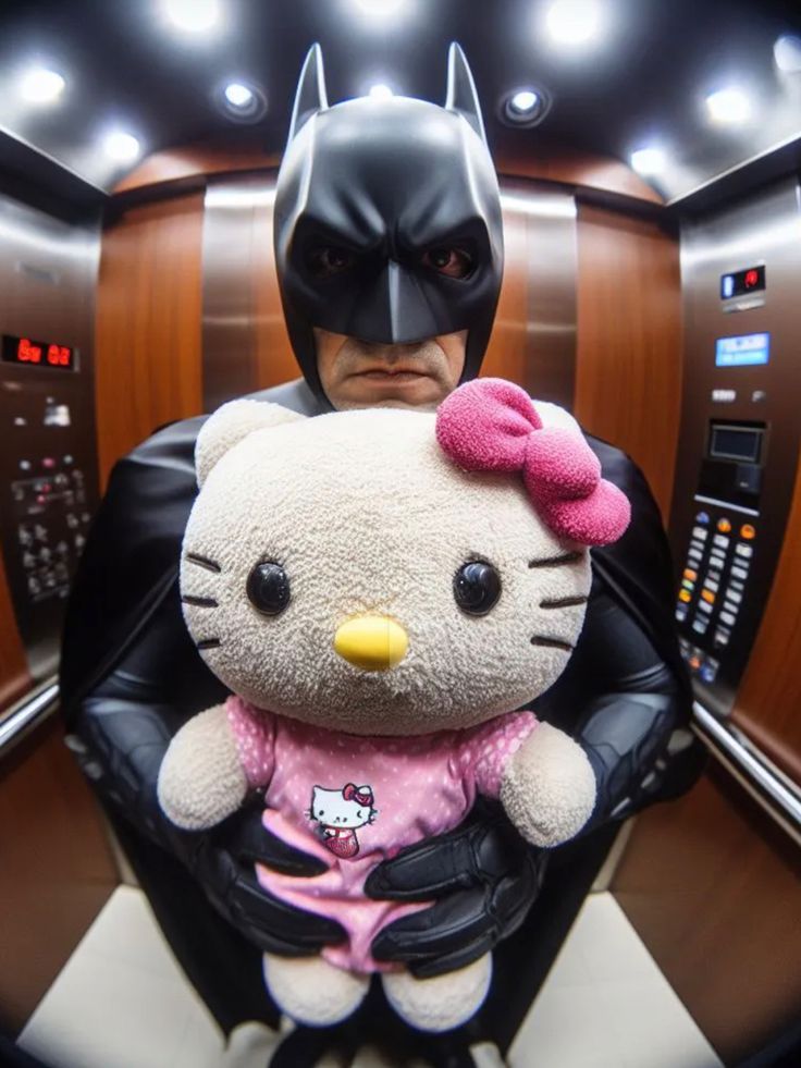 a hello kitty stuffed animal sitting on top of a chair in front of a batman mask