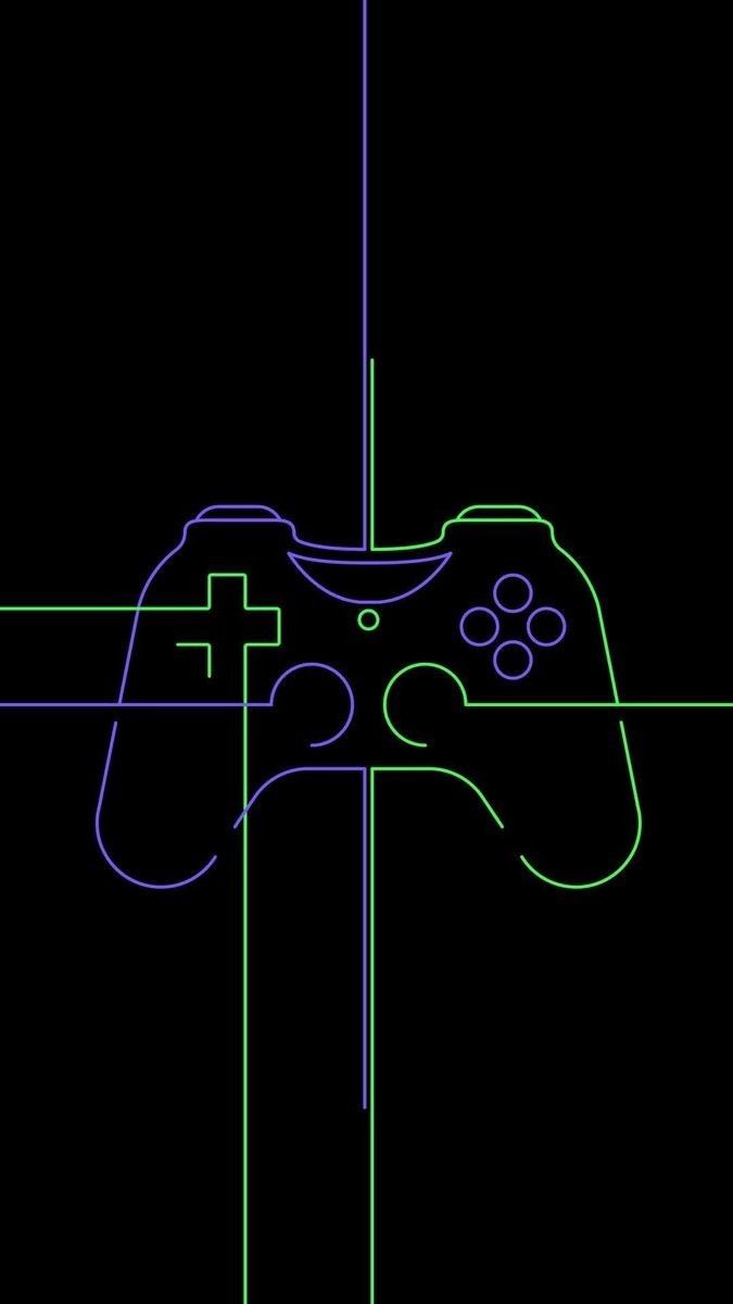 a drawing of a video game controller in blue and green lines on a black background