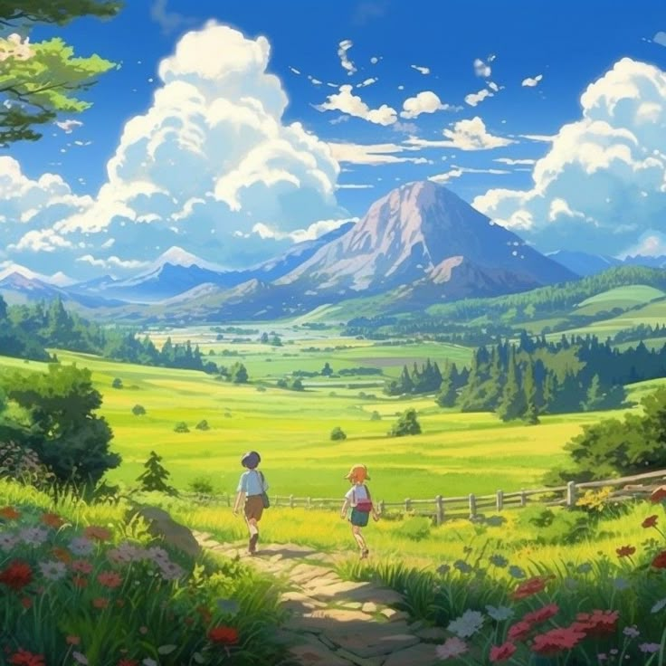 two people walking down a dirt path through a lush green field with mountains in the background