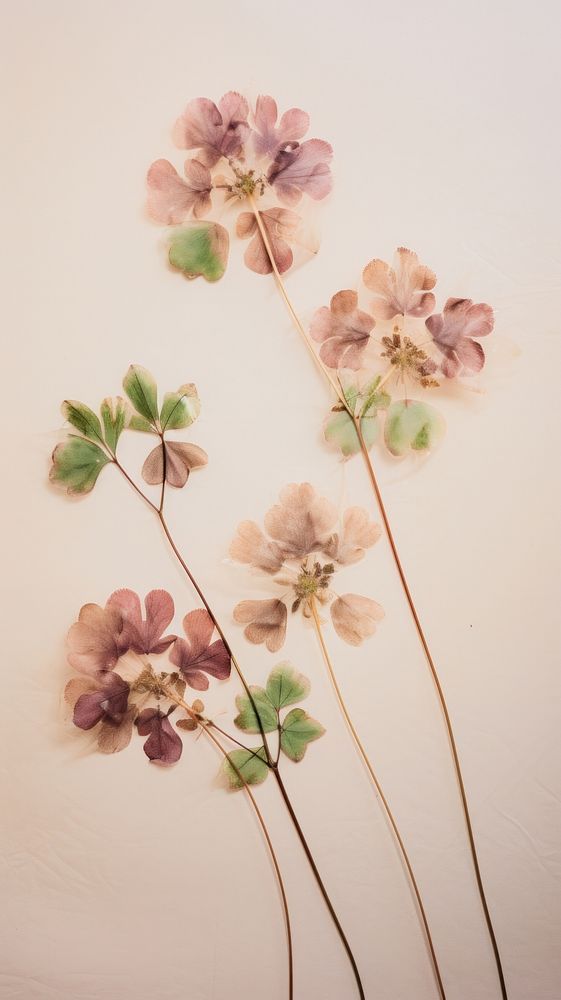 pressed flowers are arranged on a white surface with green stems and pink blooms in the center