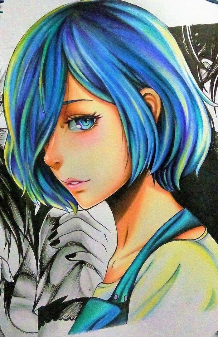 a drawing of a girl with blue hair