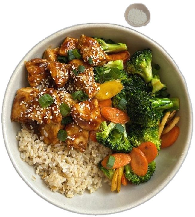 a white bowl filled with rice, broccoli and chicken on top of it