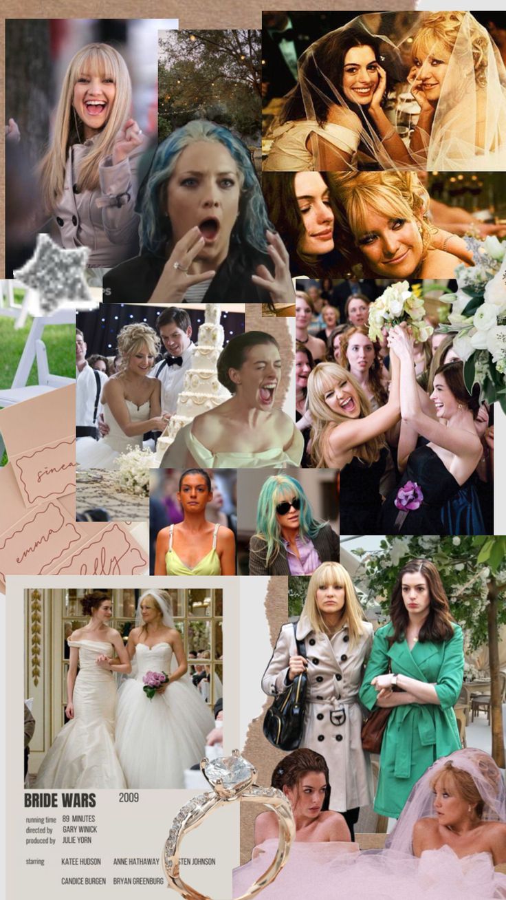 the collage shows many different women in wedding dresses and hair styles, including one woman with