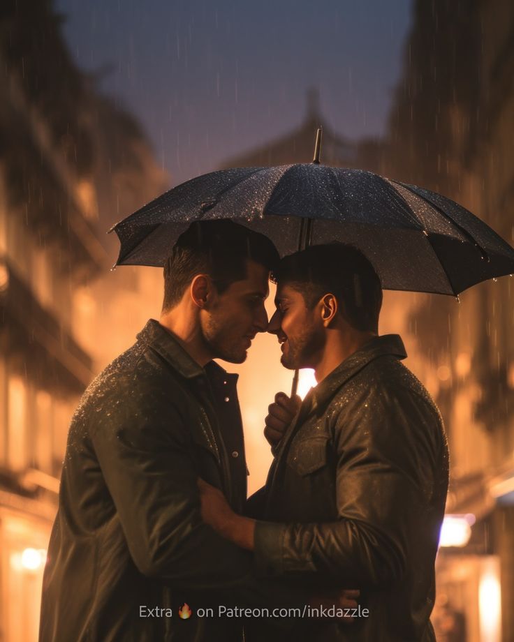 two men standing under an umbrella in the rain on a city street at night with their faces to each other