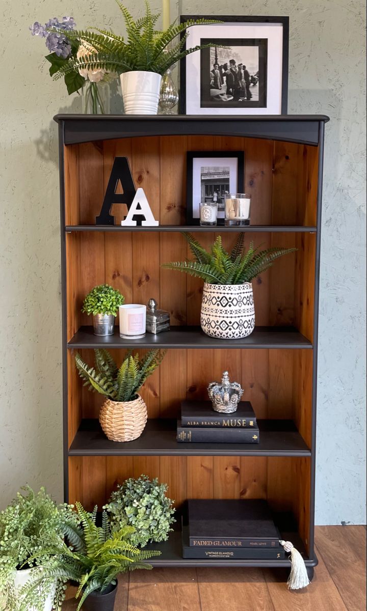 a bookshelf with plants and pictures on it