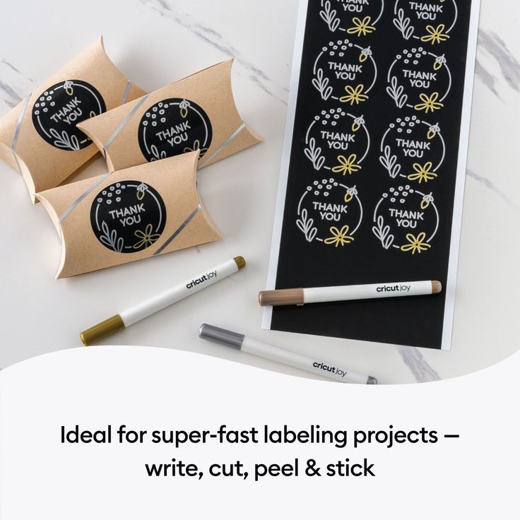 some stickers are on top of a table next to pens and paper with the words idea for super - fast labeling projects write, cut, peel & stick